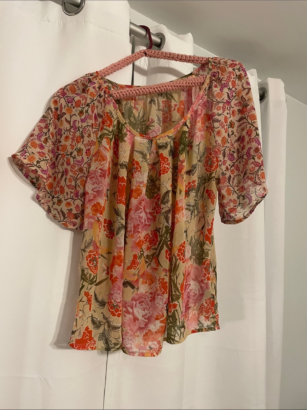 Forever 21 Floral Scoop Neck Blouse - Beige, Pink, Orange, Green